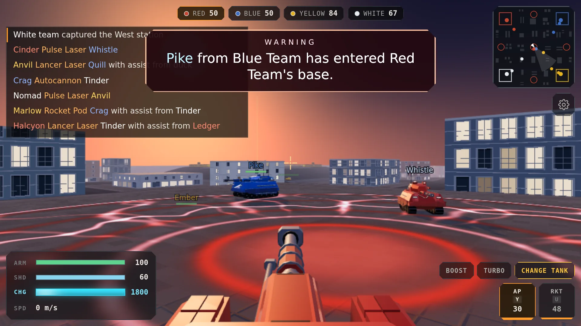 The driver's view at dusk: your own gun barrel in the foreground, a blue tank and a red one ahead on a charging station, a warning across the top, and the instruments round the edge of the screen.