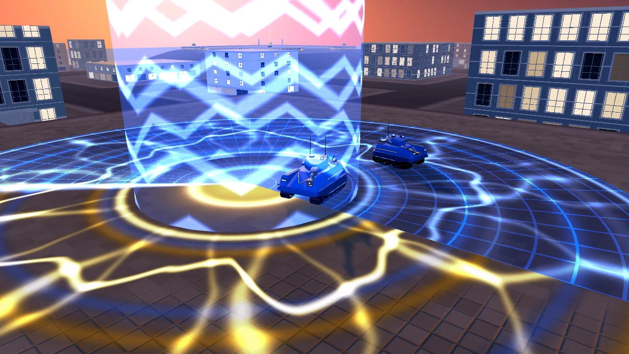 Two blue tanks on a charging station that is turning from yellow to blue around them, with a column of blue light rising from its middle.